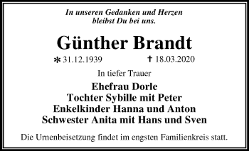 Traueranzeige von Günther Brandt von Mitteldeutsche Zeitung Dessau-Roßlau