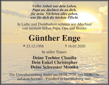 Traueranzeige von Günther Enge von Super Sonntag Wittenberg