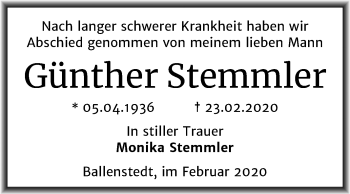 Traueranzeige von Günther Stemmler von Mitteldeutsche Zeitung Quedlinburg