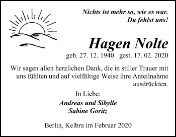 Traueranzeige von Hagen Nolte von Mitteldeutsche Zeitung Sangerhausen