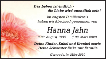 Traueranzeige von Hanna Jahn von Super Sonntag Quedlinburg