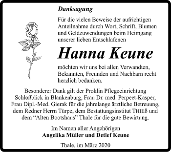 Traueranzeige von Hanna Keune von Super Sonntag Quedlinburg