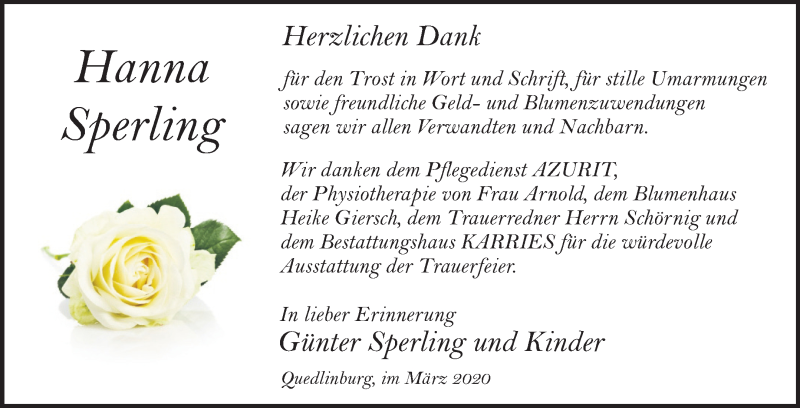  Traueranzeige für Hanna Sperling vom 14.03.2020 aus Super Sonntag Quedlinburg