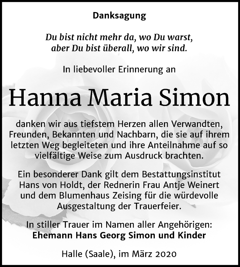  Traueranzeige für Hanna Maria Simon vom 28.03.2020 aus Mitteldeutsche Zeitung Halle/Saalkreis