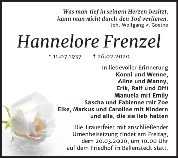 Traueranzeige von Hannelore Frenzel von Super Sonntag Quedlinburg