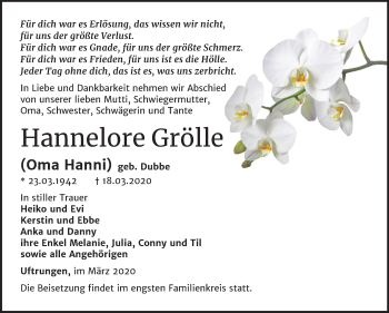 Traueranzeige von Hannelore Grölle von Super Sonntag Sangerhausen