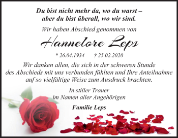 Traueranzeige von Hannelore Leps von Super Sonntag Dessau-Roßlau