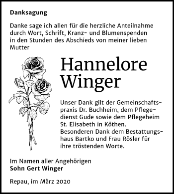 Traueranzeige von Hannelore Winger von Mitteldeutsche Zeitung Köthen