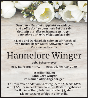 Traueranzeige von Hannelore Winger von Mitteldeutsche Zeitung Köthen