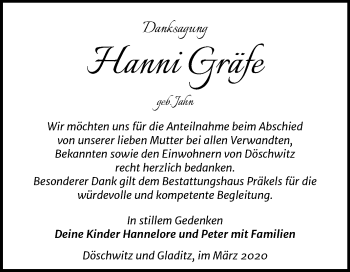 Traueranzeige von Hanni Gräfe von Super Sonntag Zeitz