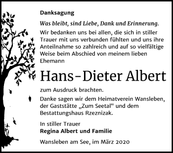 Traueranzeige von Hans-Dieter Albert von Wochenspiegel Mansfelder Land
