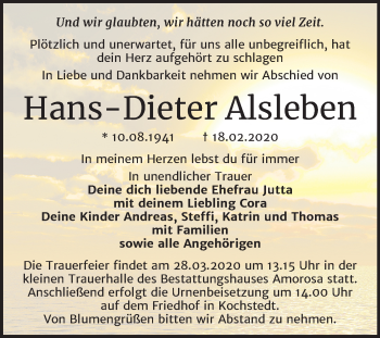 Traueranzeige von Hans-Dieter Alsleben von Super Sonntag Dessau-Roßlau