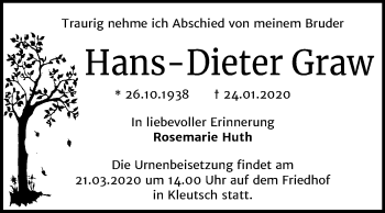 Traueranzeige von Hans-Dieter Graw von Super Sonntag Dessau-Roßlau