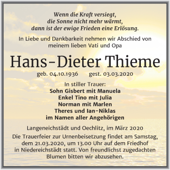 Traueranzeige von Hans-Dieter Thieme von Mitteldeutsche Zeitung Merseburg/Querfurt