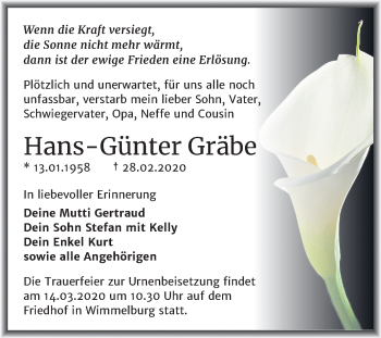 Traueranzeige von Hans-Günter Gräbe von Mitteldeutsche Zeitung Mansfelder Land