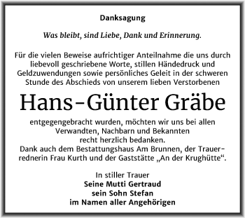 Traueranzeige von Hans-Günter Gräbe von Super Sonntag Mansfelder Land
