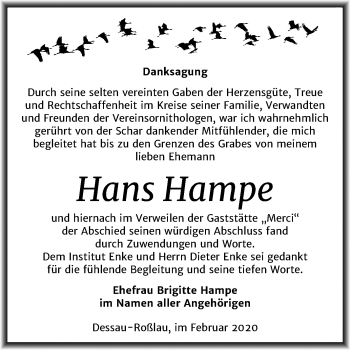 Traueranzeige von Hans Hampe von Mitteldeutsche Zeitung Dessau-Roßlau