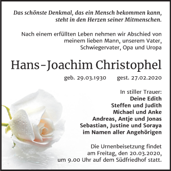 Traueranzeige von Hans-Joachim Christophel von Mitteldeutsche Zeitung Halle/Saalkreis