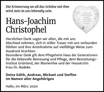 Traueranzeige von Hans-Joachim Christophel von Mitteldeutsche Zeitung Halle/Saalkreis