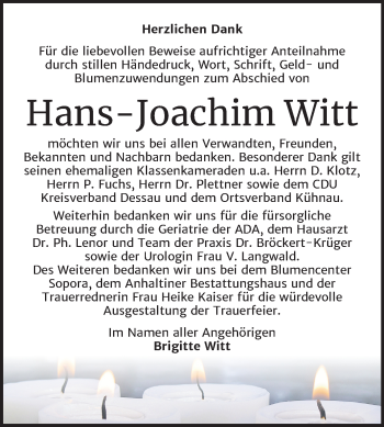 Traueranzeige von Hans-Joachim Witt von Mitteldeutsche Zeitung Dessau-Roßlau