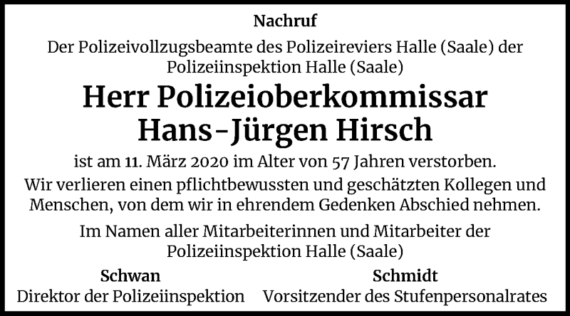  Traueranzeige für Hans-Jürgen Hirsch vom 28.03.2020 aus Mitteldeutsche Zeitung Halle/Saalkreis