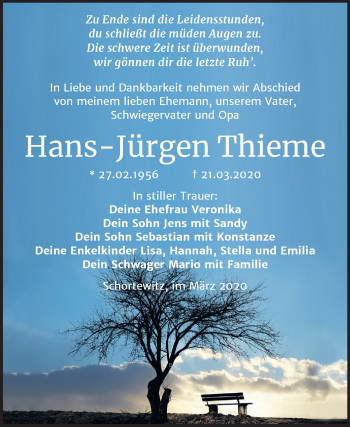 Traueranzeige von Hans-Jürgen Thieme von Mitteldeutsche Zeitung Köthen