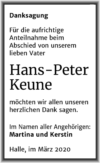 Traueranzeige von Hans-Peter Keune von Mitteldeutsche Zeitung Halle/Saalkreis