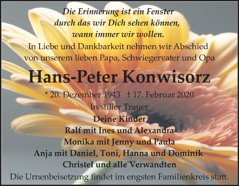  Traueranzeige für Hans-Peter Konwisorz vom 07.03.2020 aus Mitteldeutsche Zeitung Bitterfeld