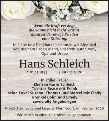 Traueranzeige von Hans Schleich von Super Sonntag Zeitz