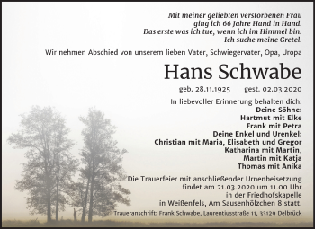 Traueranzeige von Hans Schwabe von Mitteldeutsche Zeitung Weißenfels