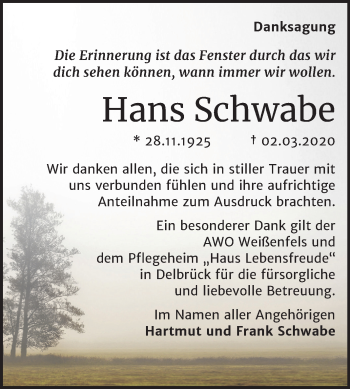Traueranzeige von Hans Schwabe von Super Sonntag Weißenfels