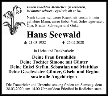 Traueranzeige von Hans Seewald von Mitteldeutsche Zeitung Dessau-Roßlau