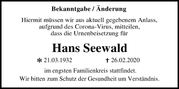 Traueranzeige von Hans Seewald von Mitteldeutsche Zeitung Dessau-Roßlau