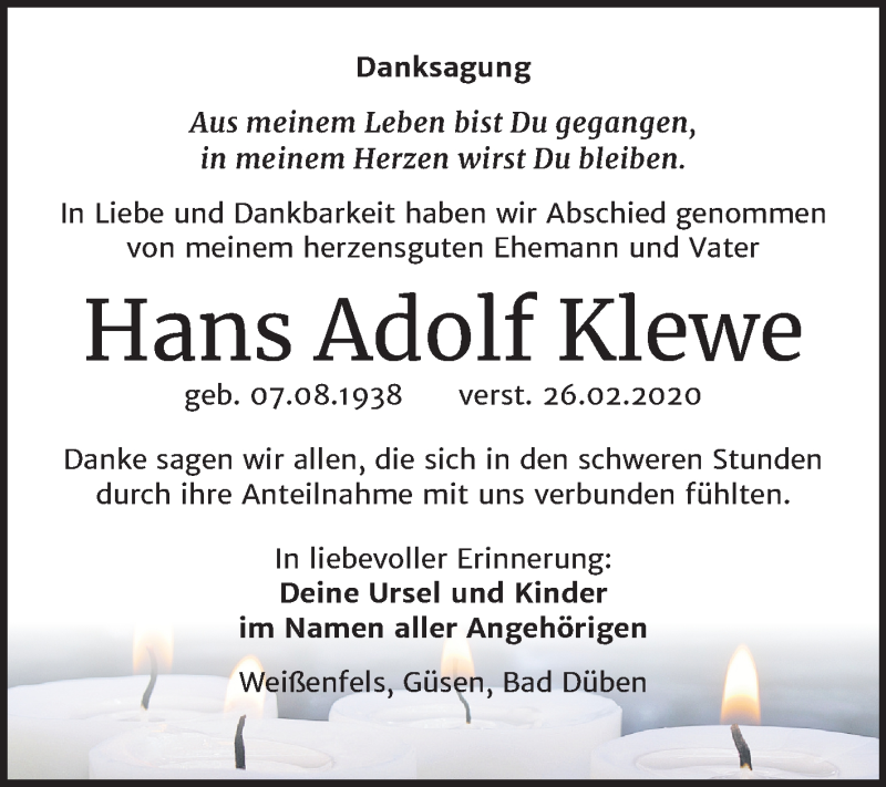  Traueranzeige für Hans Adolf Klewe vom 28.03.2020 aus Mitteldeutsche Zeitung Weißenfels