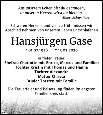 Traueranzeige von Hansjörgen Gase von Super Sonntag Merseburg/Querfurt