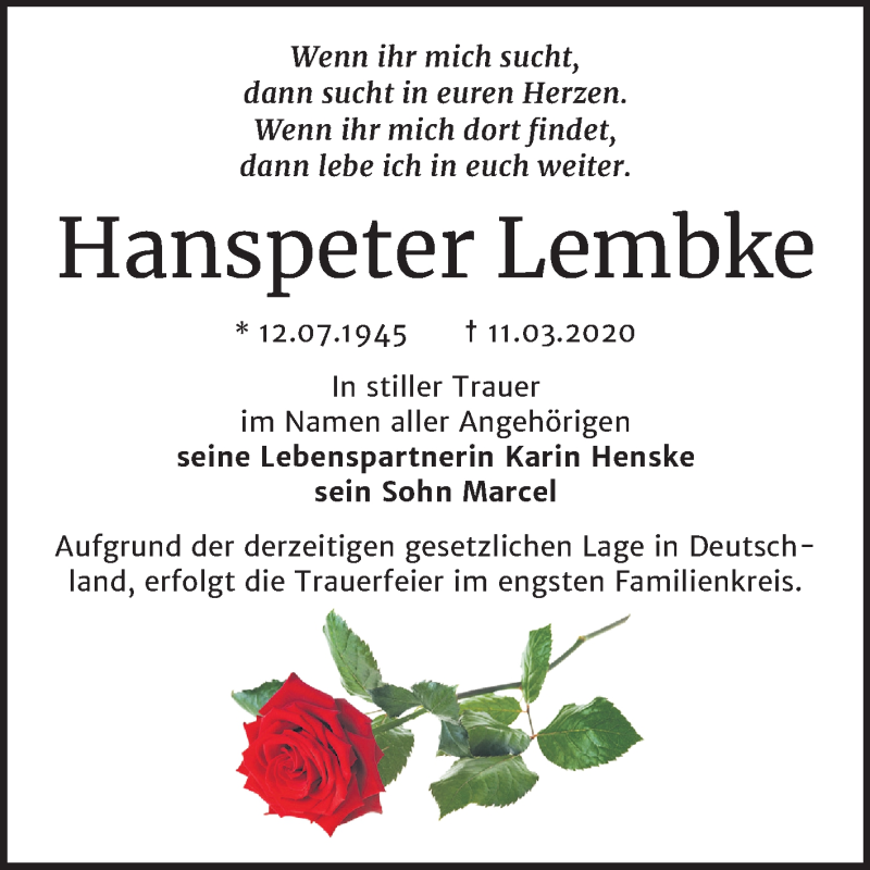  Traueranzeige für Hanspeter Lembke vom 21.03.2020 aus Super Sonntag Quedlinburg