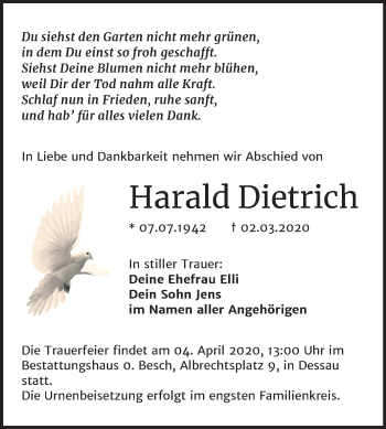 Traueranzeige von Harald Dietrich von Mitteldeutsche Zeitung Dessau-Roßlau