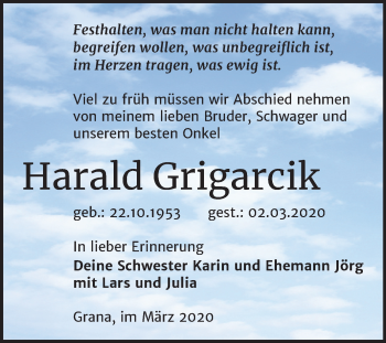 Traueranzeige von Harald Grigarcik von Super Sonntag Zeitz