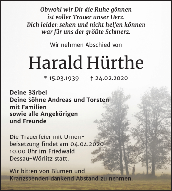 Traueranzeige von Harald Hürthe von Mitteldeutsche Zeitung Bitterfeld