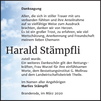 Traueranzeige von Harald Stämpfli von Mitteldeutsche Zeitung Merseburg/Querfurt