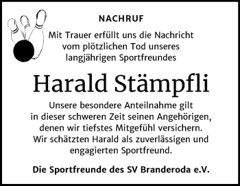 Traueranzeige von Harald Stämpfli von Mitteldeutsche Zeitung Merseburg/Querfurt