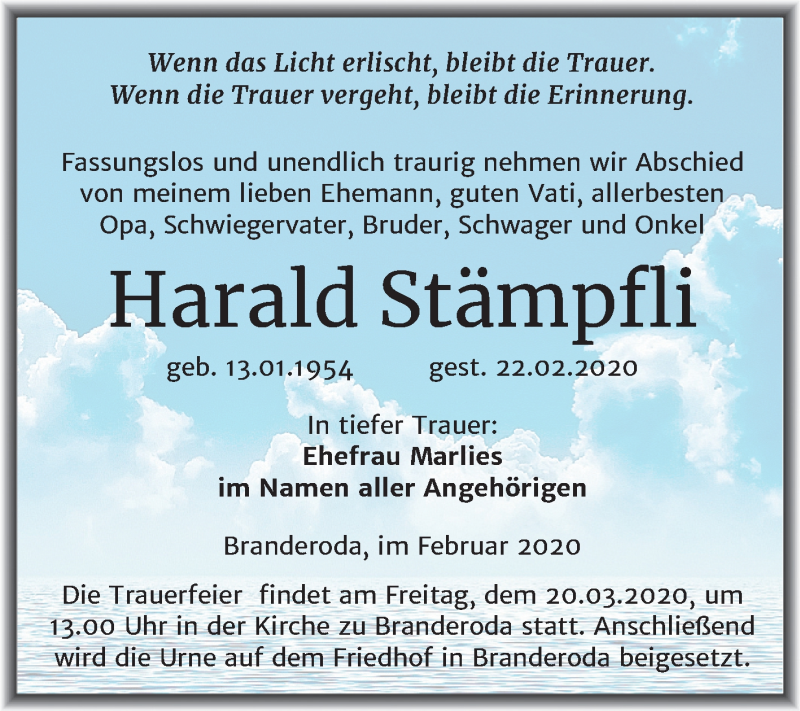  Traueranzeige für Harald Stämpfli vom 07.03.2020 aus Super Sonntag Merseburg/Querfurt