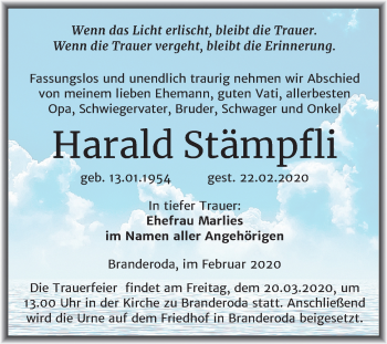 Traueranzeige von Harald Stämpfli von Mitteldeutsche Zeitung Merseburg/Querfurt