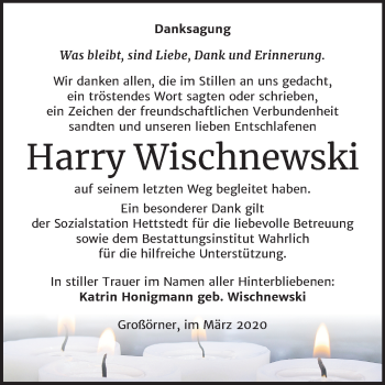 Traueranzeige von Harry Wischnewski von Mitteldeutsche Zeitung Mansfelder Land