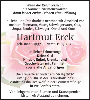 Traueranzeige von Hartmut Erck von Mitteldeutsche Zeitung Weißenfels