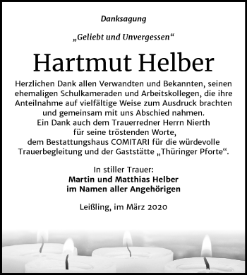 Traueranzeige von Hartmut Helber von Mitteldeutsche Zeitung Weißenfels