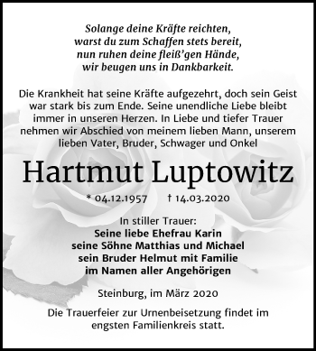 Traueranzeige von Hartmut Luptowitz von Super Sonntag Naumburg/Nebra