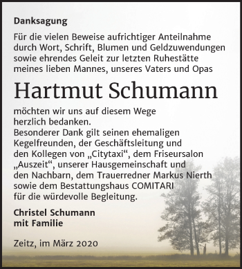 Traueranzeige von Hartmut Schumann von Mitteldeutsche Zeitung Zeitz