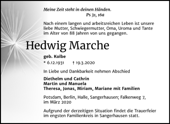 Traueranzeige von Hedwig Marche von Super Sonntag Sangerhausen