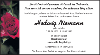 Traueranzeige von Hedwig Niemann von Mitteldeutsche Zeitung Sangerhausen